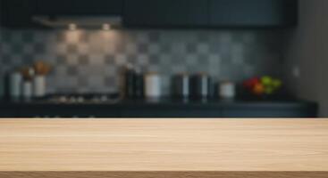 Clean light colored wooden plank countertop with visible wood grain in foreground, smooth surface, and blurred kitchen in background. photo
