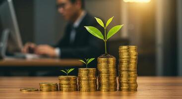 Stacks of coins with growing plants symbolize financial growth, with a businessman working on a computer in the blurred background. photo