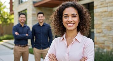 Portrait of a smiling real estate agent with arms crossed in front of a modern house. Two male realtors standing behind her. Real estate and property concept. photo