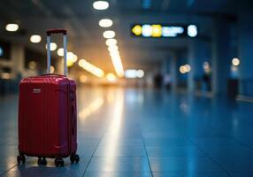 Red suitcase stands in an airport terminal, illuminated by overhead lights and wayfinding signs. Travel concept with copy space for text and advertising. photo