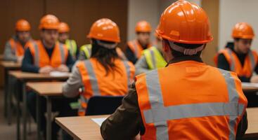 Construction workers in safety vests and hardhats attend training session, sitting at desks in a classroom setting, focus on safety education. photo