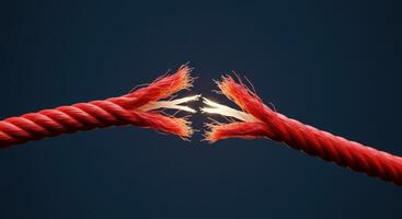 Close up of a frayed red rope on dark background, symbolizing stress, breaking point, or vulnerability in business and personal challenges. photo