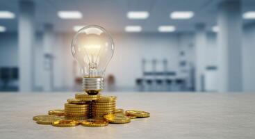 Illuminated lightbulb on gold coins, symbolizing innovation, investment, and financial growth in business, with blurred lab background. photo