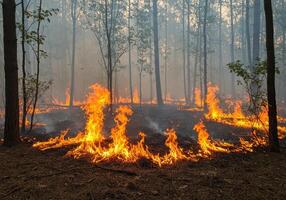 Wildfire burning through forest with flames consuming trees and undergrowth, creating smoke and destruction in a natural landscape, fire disaster concept. photo