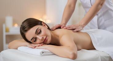 Woman receiving a back massage at spa center. Professional therapist giving relaxing massage treatment to client. Concept of wellness, beauty, health, and relaxation. photo
