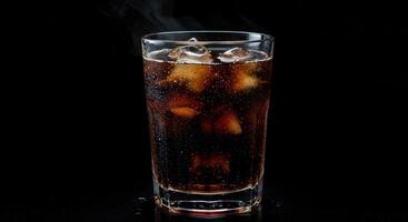 Refreshing root beer with ice cubes in a glass on a dark background. Cold drink with condensation and steam for summer refreshment. photo