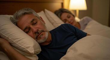 Mature couple sleeping in bed at night. Man with gray hair and beard asleep on pillow next to woman in soft focus. Bedroom illuminated by lamp. photo