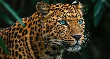 Close up of a leopard with striking blue eyes amid lush foliage, showcasing its distinctive spotted coat and intense gaze in a natural setting. photo