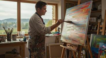Artist creating an abstract painting in a studio. Man using a palette knife on canvas. Easel, paintbrushes, and colorful paints visible. Bright, natural light from a window. photo
