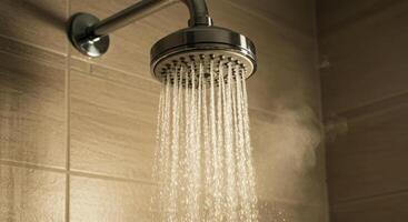 Close up of a shower head with running water in bathroom with beige tiles and steam. Concept for hygiene, cleanliness, and personal care. photo