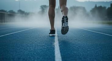 Close up low angle view of a runners legs and feet mid stride on a damp, reflective blue running track. The runner wears black and white trainers. photo