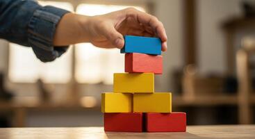 Hand adding a blue block to a tower of red and yellow wooden blocks. Concept for building, growth, success, education, and childhood development. photo