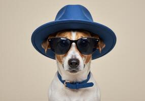 Jack Russell terrier dog wearing a blue hat and sunglasses, looking at the camera. The dog has a matching blue collar and is set against a neutral background. photo