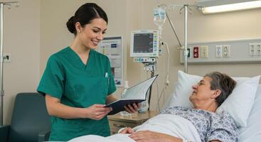 Smiling nurse reviews medical chart with senior female patient in hospital bed. Healthcare professional provides attentive care and support in a medical setting. photo