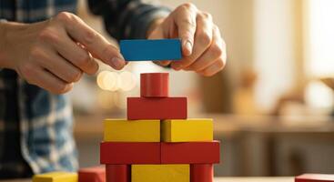 Man stacks colorful wooden blocks on table. Hand places blue block on top of red and yellow blocks. Concept for construction, development, and growth. photo