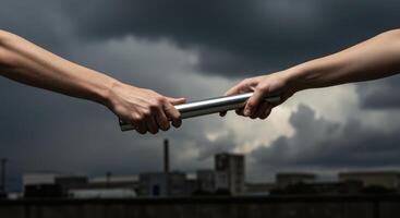 Two hands passing a silver relay baton against a dramatic cloudy sky and city buildings. Symbolizes teamwork, coordination, and the transition of responsibility. photo
