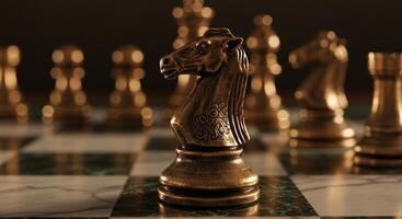 Close up of a bronze chess knight with ornate pattern on its chest, standing in focus on a marble chessboard with other pieces in the background. photo