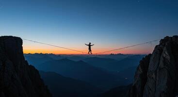 Silhouette of a man balancing on a highline between two mountain peaks at dusk, with a colorful sky and mountain range in the distance. photo