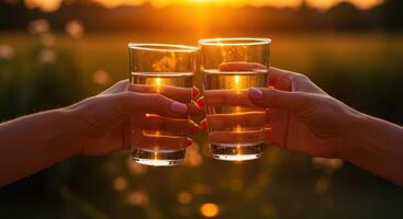 Two glasses of water are raised in a toast against a golden sunset. Refreshing drink on a warm evening. Concept for celebration, summer, and healthy lifestyle. photo