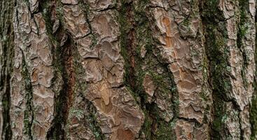 Detailed close up of textured tree bark with rough ridges, deep fissures, and earth tone variations. Moss accents the barks natural patterns. photo