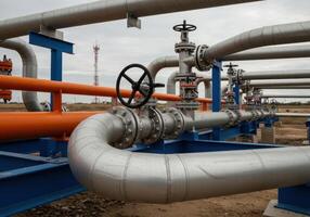 Industrial pipeline system with valves and insulated pipes for oil and gas transportation. Complex network of pipelines in a petroleum processing plant under overcast sky. photo