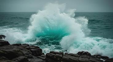 Ocean wave crashing on coastal rocks, creating sea spray against a cloudy sky. Seascape showing the power of nature and coastal erosion. photo
