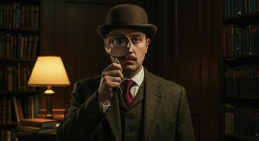 Detective in tweed suit and bowler hat holds magnifying glass in library, emphasizing investigation and vintage style in a dimly lit setting. photo
