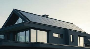 Modern house with solar panels on roof. Contemporary architecture featuring sustainable energy technology and design for eco friendly living and power generation. photo
