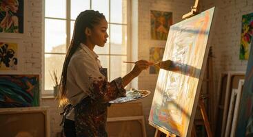 Female artist creating artwork on canvas in studio. Painter holding palette and paintbrush while working on abstract painting. Art and creativity concept. photo
