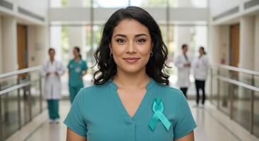 Smiling hispanic female nurse with teal ribbon in hospital corridor. Symbol of awareness for ovarian cancer, cervical cancer, and sexual assault. photo