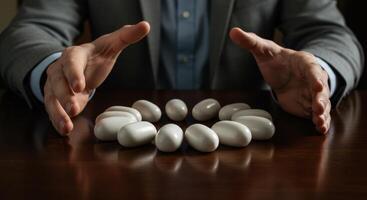 Businessman arranging white stones in a circle on a wooden table. Concept of balance, harmony, zen, and wellness. Hands framing the stones, creating a sense of protection. photo