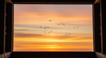 Open window framing a vibrant sunset sky with a flock of birds flying. Scenic view of nature and freedom, evoking peace and tranquility. photo
