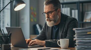 Bearded businessman working on laptop at desk with lamp, coffee cup, and stack of documents. Mature man in glasses typing on computer in office. photo