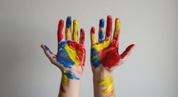 Close up of a young artist hands covered in vibrant primary color paints. Concept for creativity, art projects, childhood fun, and educational activities. photo