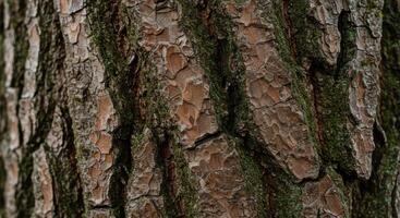 Detailed close up of textured tree bark with rough ridges and deep fissures showing variations in earth tones and green moss. Natural background. photo