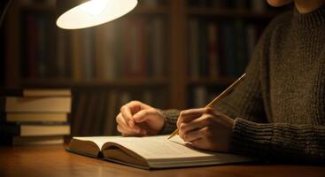 Woman studies with pencil in hand at desk with open book under lamp light, creating a cozy, focused atmosphere in library with books in background. photo