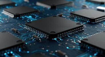 Close up of multiple microchips on a circuit board, showcasing technology, connectivity, and complex electronic components in detail. photo