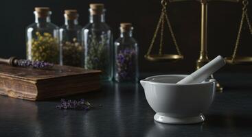 Close up of mortar and pestle on a dark stone surface with blurred bottles of herbs and a scale in the background. Concept of alternative medicine. photo