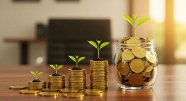 Stacks of golden coins with growing seedlings and jar full of money represent investment and financial growth on a wooden table. photo