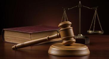 Gavel rests on sounding block, with scales of justice and law book in background. Symbolizes legal system, courtroom proceedings, and jurisprudence. photo