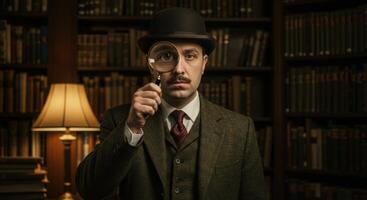 Man in tweed suit and bowler hat stands in wood paneled library holding magnifying glass to eye, inspecting or searching, with books in background. photo