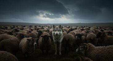 Wolf stands among a large flock of sheep in a field under a dark, cloudy sky. Concept for leadership, strategy, and being different. photo