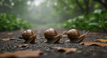 Three snails crawl on a path in a forest. The gastropods are moving in a row. Rainy day, green foliage, nature and wildlife concept. photo