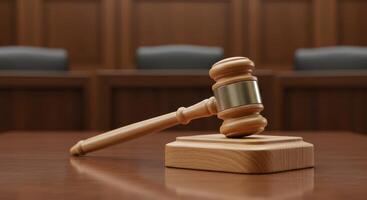 Gavel rests on sounding block in courtroom, symbolising justice, law, and legal proceedings. Wooden furniture and seating visible in the background. photo