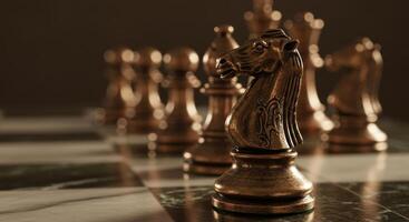Close up of a bronze chess knight with ornate pattern, standing in focus on a marble chessboard. Strategic game of skill and intellect concept. photo