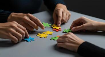Team of women connecting colorful jigsaw puzzle pieces on a table. Concept for teamwork, strategy, cooperation, solution, and problem solving. photo
