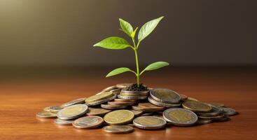 Green plant growing from pile of coins on wood surface. Symbolizes financial growth, investment, savings, and sustainable business practices. photo