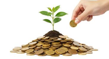 Hand adding coin to pile with plant growing from soil. Investment growth, financial planning and savings concept against white backdrop. photo