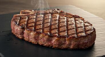 Delicious grilled ribeye steak with grill marks on a black stone plate, showcasing its juicy texture and savory appeal with smoke. photo