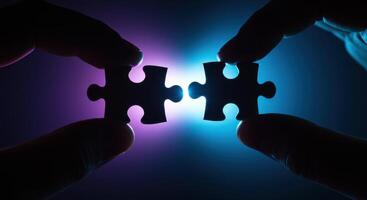 Two hands connecting jigsaw puzzle pieces, symbolizing teamwork, strategy, and problem solving, against a vibrant blue and purple light backdrop. photo